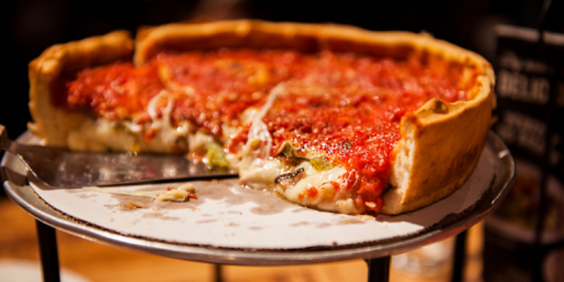 deep dish pizza at Pequod's Chicago